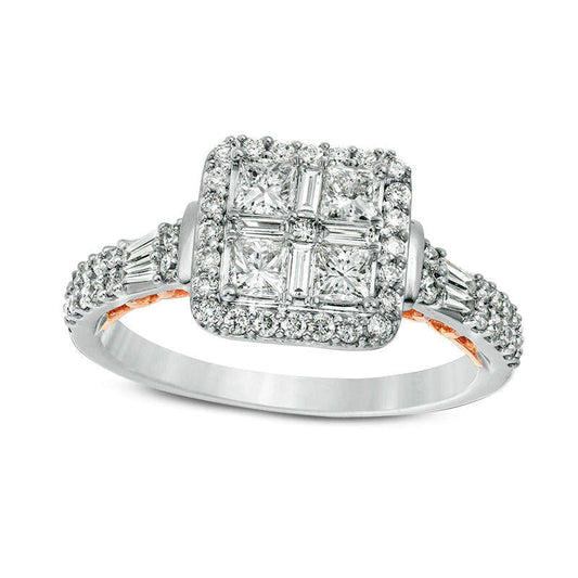1.0 CT. T.W. Quad Princess-Cut Natural Diamond Frame Collar Engagement Ring in Solid 14K Two-Tone Gold