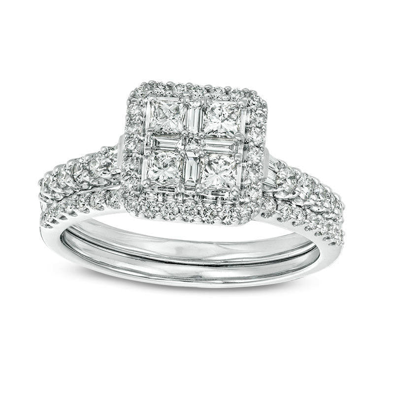 1.0 CT. T.W. Quad Princess-Cut Natural Diamond Frame Collar Bridal Engagement Ring Set in Solid 14K White Gold