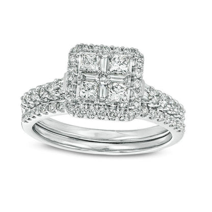 1.0 CT. T.W. Quad Princess-Cut Natural Diamond Frame Collar Bridal Engagement Ring Set in Solid 14K White Gold