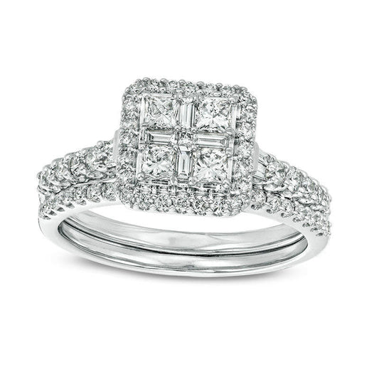 1.0 CT. T.W. Quad Princess-Cut Natural Diamond Frame Collar Bridal Engagement Ring Set in Solid 14K White Gold