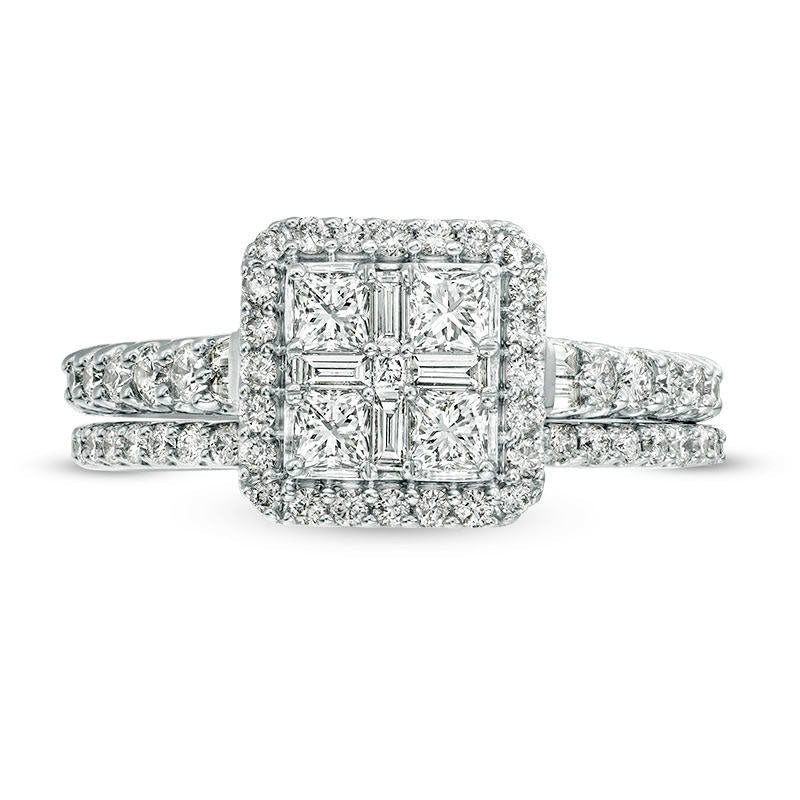 1.0 CT. T.W. Quad Princess-Cut Natural Diamond Frame Collar Bridal Engagement Ring Set in Solid 14K White Gold