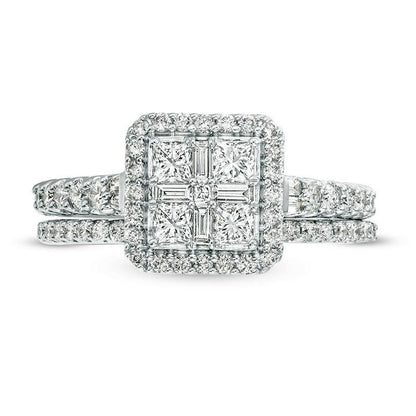 1.0 CT. T.W. Quad Princess-Cut Natural Diamond Frame Collar Bridal Engagement Ring Set in Solid 14K White Gold