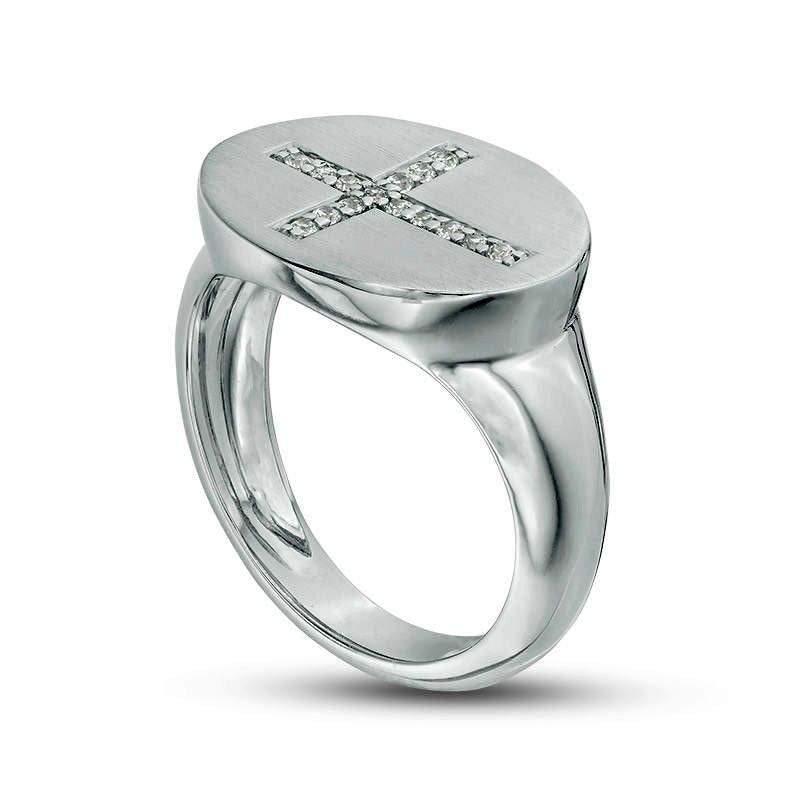0.10 CT. T.W. Natural Diamond Sideways Cross Oval Signet Ring in Solid 10K White Gold