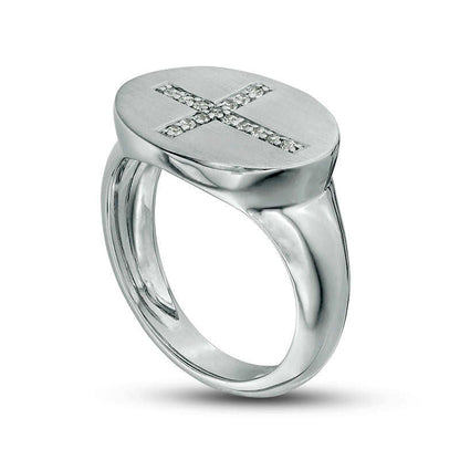 0.10 CT. T.W. Natural Diamond Sideways Cross Oval Signet Ring in Solid 10K White Gold