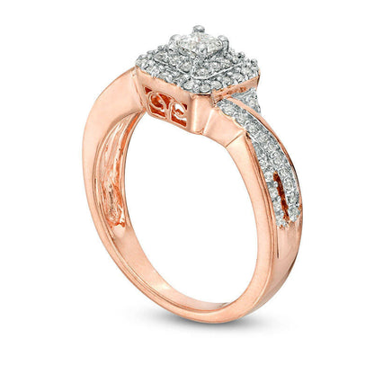 0.50 CT. T.W. Princess-Cut Natural Diamond Double Cushion Frame Twist Split Shank Engagement Ring in Solid 10K Rose Gold