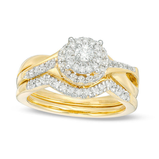 0.50 CT. T.W. Natural Diamond Double Frame Twist Bridal Engagement Ring Set in Solid 10K Yellow Gold