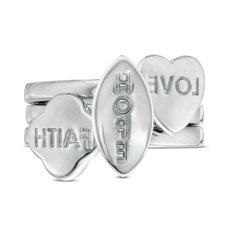 "LOVE" Heart, "HOPE" Marquise, and "FAITH" Clover Three Piece Stackable Ring Set in Sterling Silver
