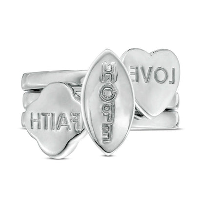 "LOVE" Heart, "HOPE" Marquise, and "FAITH" Clover Three Piece Stackable Ring Set in Sterling Silver