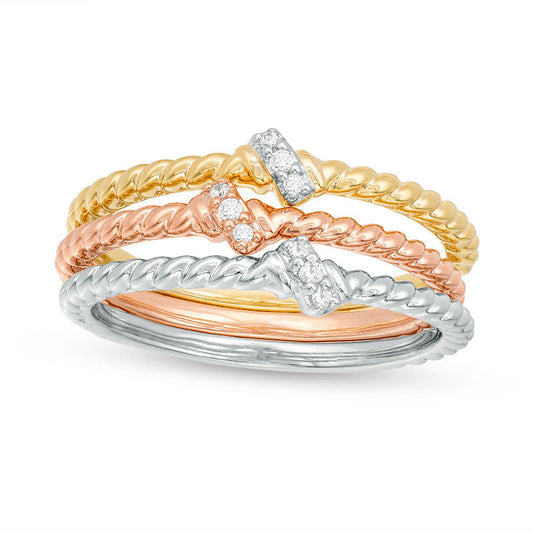 0.05 CT. T.W. Natural Diamond Slant Twist Three Piece Stackable Band Set in Solid 10K Tri-Tone Gold