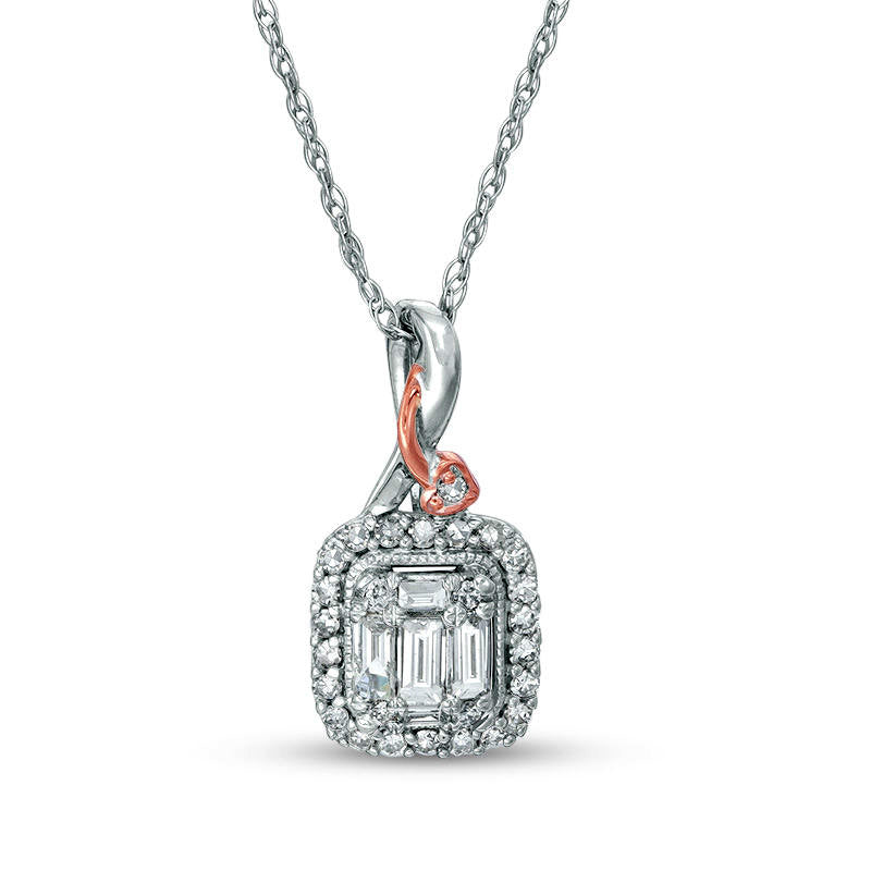 0.25 CT. T.W. Composite Natural Diamond Rectangular Frame Heart-Topped Twist Pendant in 10K Two-Tone Gold
