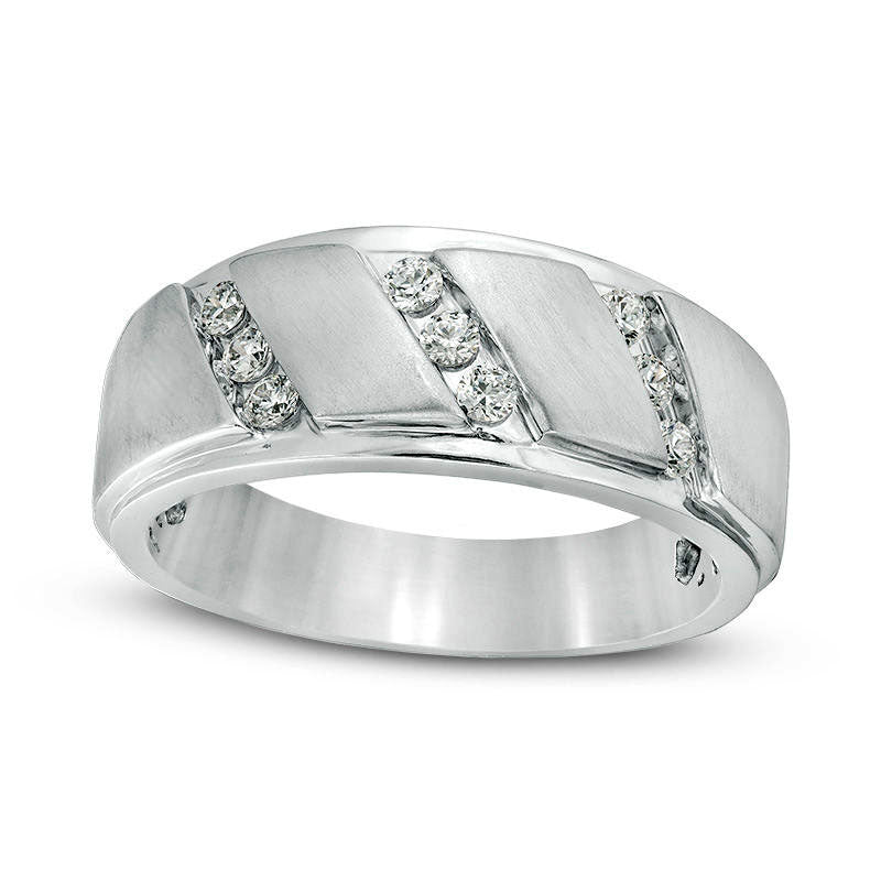 Men's 0.33 CT. T.W. Natural Diamond Triple Row Slant Bevelled Edge Multi-Finish Band in Solid 10K White Gold