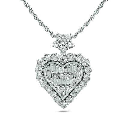 0.5 CT. T.W. Baguette and Round Natural Diamond Frame Heart Pendant in 10K White Gold