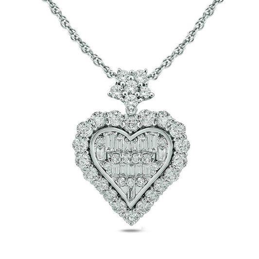 0.5 CT. T.W. Baguette and Round Natural Diamond Frame Heart Pendant in 10K White Gold