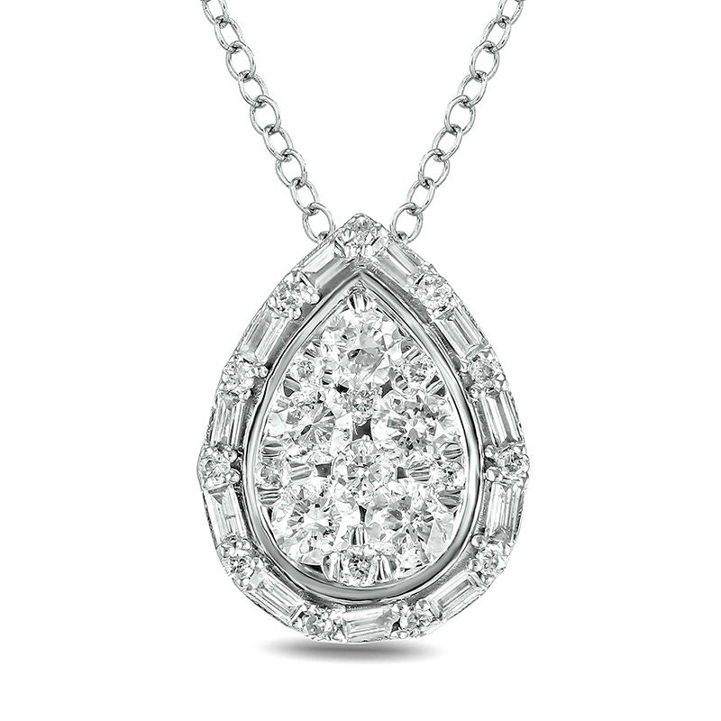 0.5 CT. T.W. Composite Baguette and Round Natural Diamond Pear-Shaped Pendant in 10K White Gold