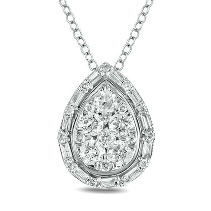 0.5 CT. T.W. Composite Baguette and Round Natural Diamond Pear-Shaped Pendant in 10K White Gold