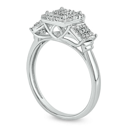 0.17 CT. T.W. Composite Natural Diamond Three Stone Square Frame Promise Ring in Sterling Silver