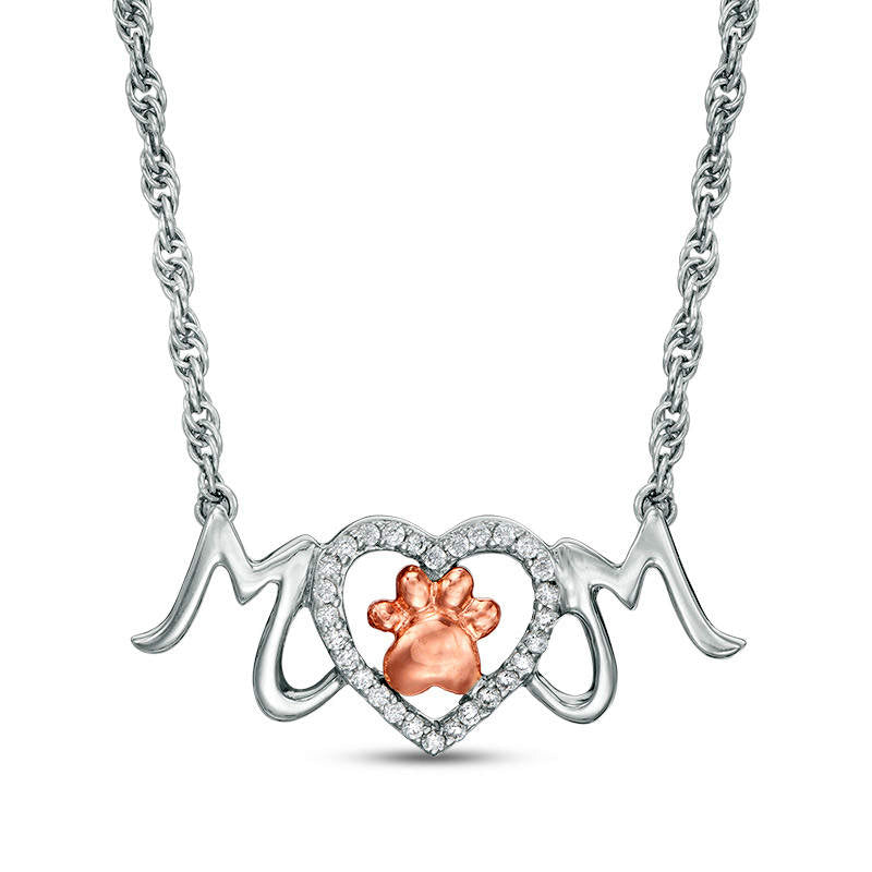 0.1 CT. T.W. Natural Diamond Paw Print and Heart MOM" Necklace in Sterling Silver and 10K Rose Gold"