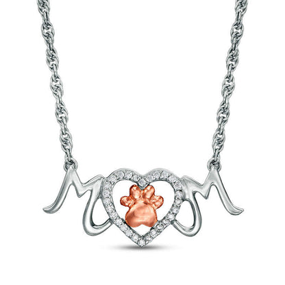 0.1 CT. T.W. Natural Diamond Paw Print and Heart MOM" Necklace in Sterling Silver and 10K Rose Gold"