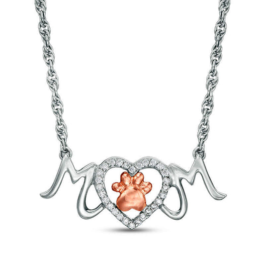 0.1 CT. T.W. Natural Diamond Paw Print and Heart MOM" Necklace in Sterling Silver and 10K Rose Gold"