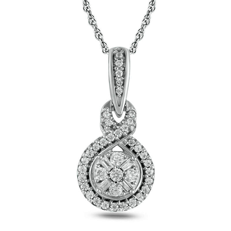 0.2 CT. T.W. Baguette and Round Natural Diamond Frame Twist Pendant in 10K White Gold