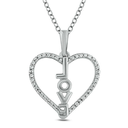 0.1 CT. T.W. Natural Diamond Vertical LOVE" Heart Outline Pendant in Sterling Silver"