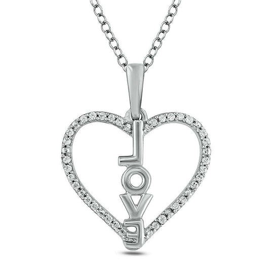 0.1 CT. T.W. Natural Diamond Vertical LOVE" Heart Outline Pendant in Sterling Silver"
