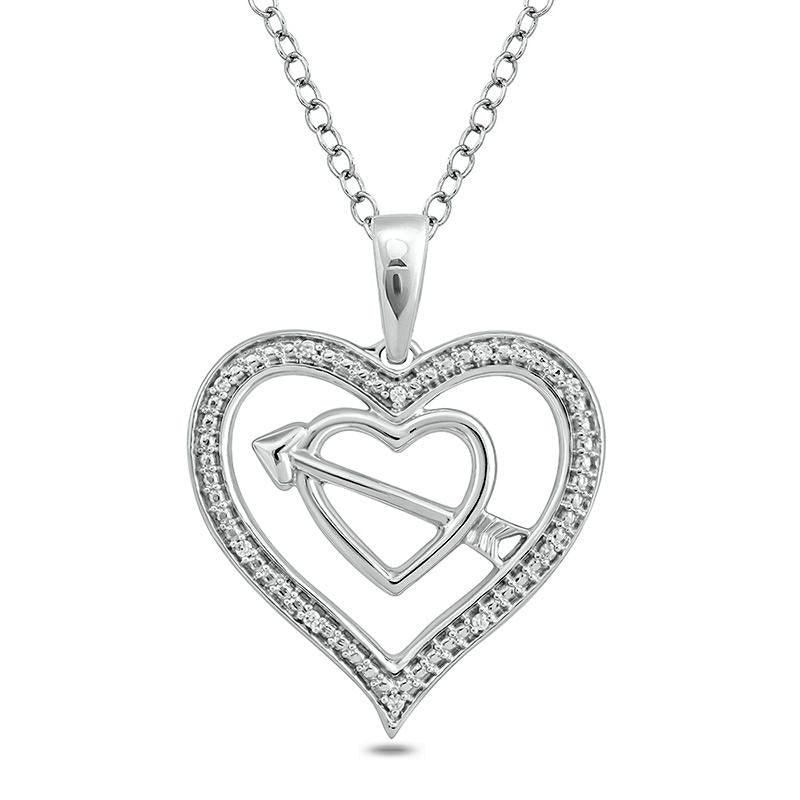 Natural Diamond Accent Double Heart with Arrow Pendant in Sterling Silver