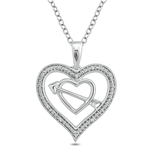 Natural Diamond Accent Double Heart with Arrow Pendant in Sterling Silver