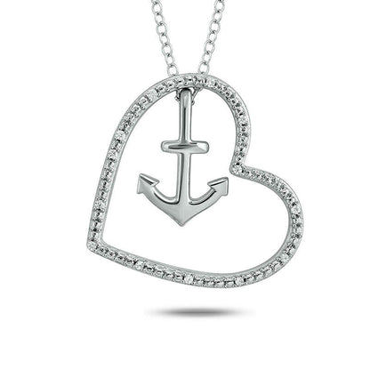 Natural Diamond Accent Tilted Heart Outline with Anchor Pendant in Sterling Silver