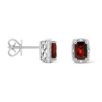 Emerald-Cut Garnet and Diamond Accent Frame Stud Earrings in Sterling Silver