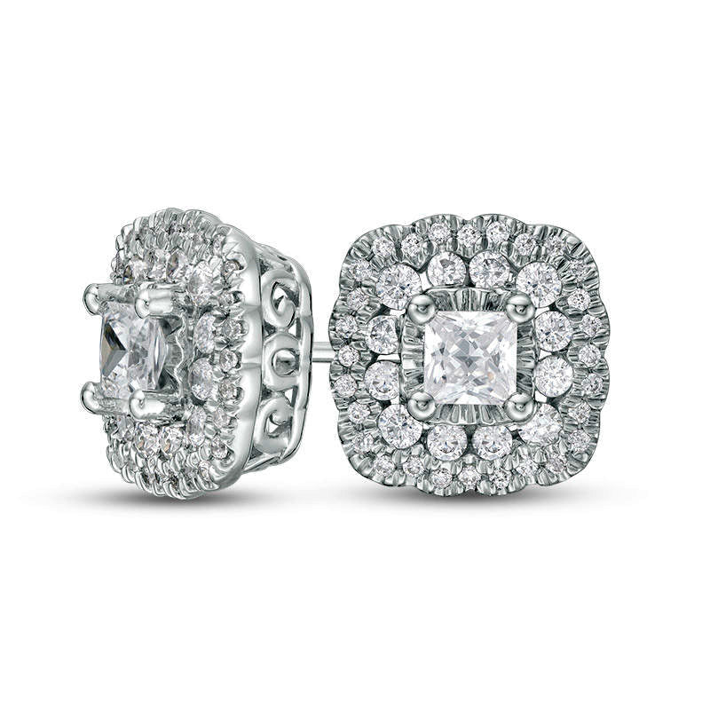 1 CT. T.W. Certified Princess-Cut Diamond Scallop Frame Stud Earrings in 14K White Gold (I/I1)