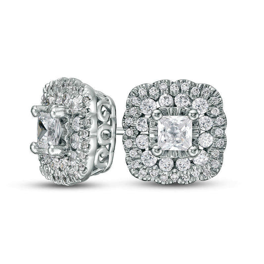 1 CT. T.W. Certified Princess-Cut Diamond Scallop Frame Stud Earrings in 14K White Gold (I/I1)