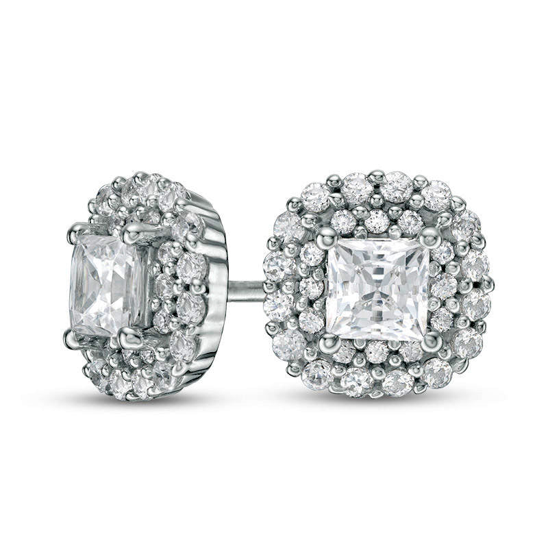 1 CT. T.W. Certified Princess-Cut Diamond Scallop Frame Stud Earrings in 14K White Gold (I/I1)
