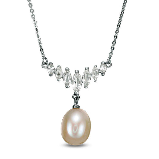 8.5 - 9.0mm Oval Cultured Freshwater Pearl Drop and Marquise White Topaz Graduated Necklace in Sterling Silver - 17