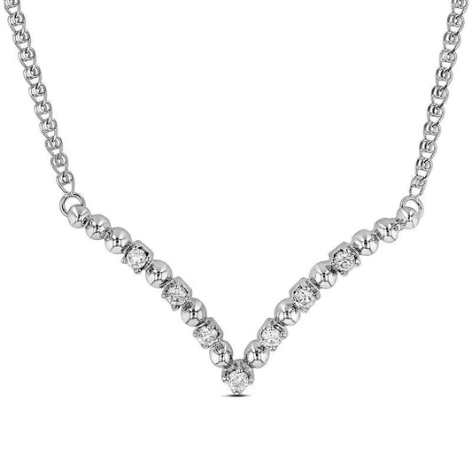 0.2 CT. T.W. Natural Diamond and Beaded Alternating V" Necklace in 14K White Gold - 17.31""