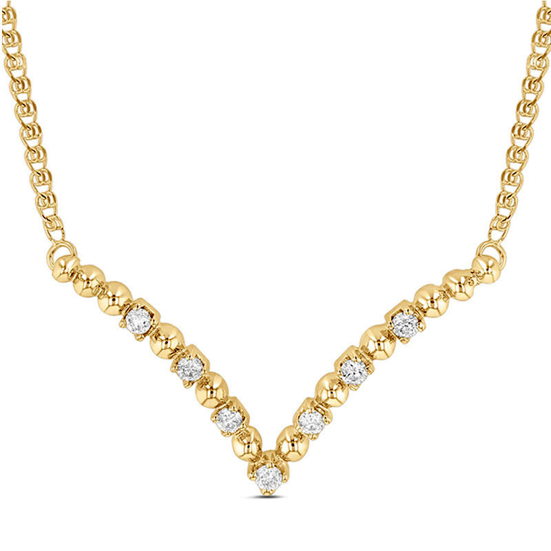 0.2 CT. T.W. Natural Diamond and Beaded Alternating V" Necklace in 14K Gold - 17.31""