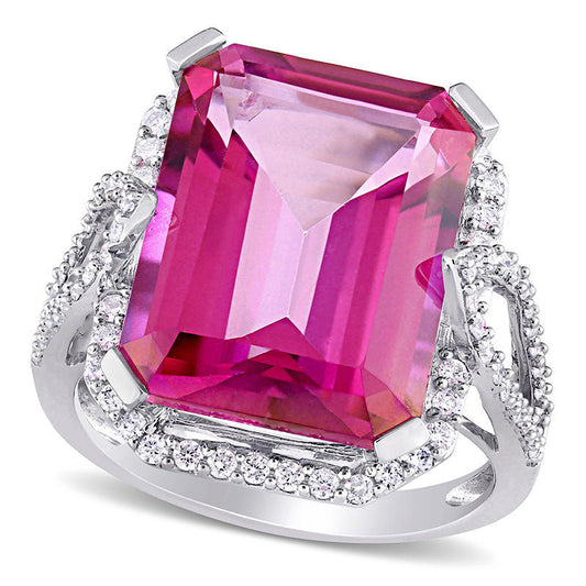 Emerald-Cut Pink Topaz and 0.50 CT. T.W. Natural Diamond Octagonal Frame Open Leaf Shank Ring in Solid 14K White Gold