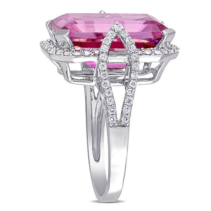 Emerald-Cut Pink Topaz and 0.50 CT. T.W. Natural Diamond Octagonal Frame Open Leaf Shank Ring in Solid 14K White Gold