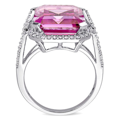 Emerald-Cut Pink Topaz and 0.50 CT. T.W. Natural Diamond Octagonal Frame Open Leaf Shank Ring in Solid 14K White Gold