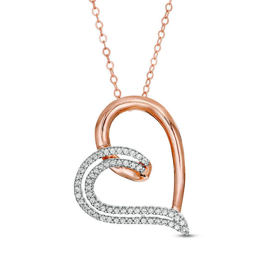 0.25 CT. T.W. Natural Diamond Double Row Half-and-Half Tilted Heart Pendant in 10K Rose Gold