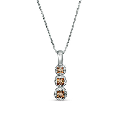 0.38 CT. T.W. Champagne and White Natural Diamond Three-Stone Frame Pendant in Sterling Silver