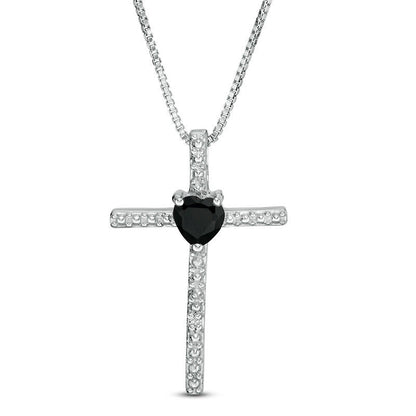 4.0mm Heart-Shaped Onyx and Natural Diamond Accent Cross Pendant in Sterling Silver