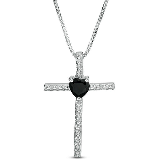 4.0mm Heart-Shaped Onyx and Natural Diamond Accent Cross Pendant in Sterling Silver