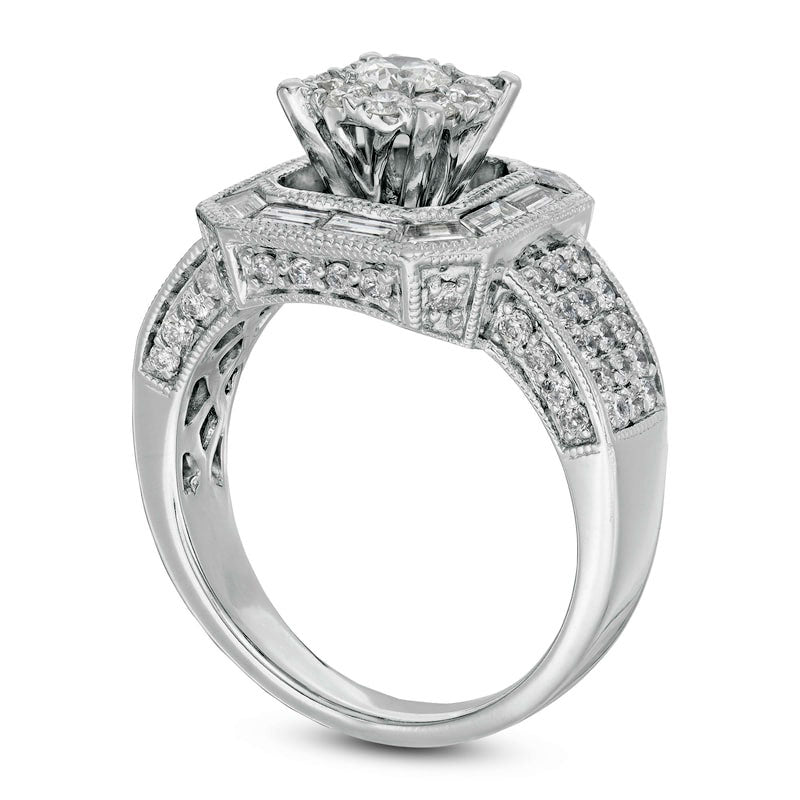 1.75 CT. T.W. Natural Diamond Hexagon Frame Antique Vintage-Style Engagement Ring in Solid 14K White Gold