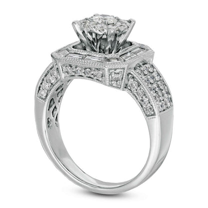 1.75 CT. T.W. Natural Diamond Hexagon Frame Antique Vintage-Style Engagement Ring in Solid 14K White Gold