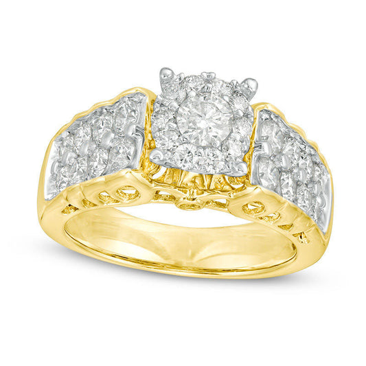 1.5 CT. T.W. Natural Diamond Frame Double Row Engagement Ring in Solid 14K Gold