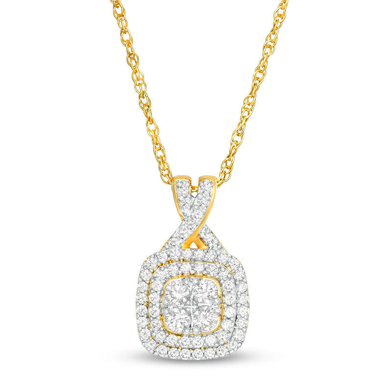 0.38 CT. T.W. Quad Natural Diamond Double Cushion Frame Pendant in 10K Yellow Gold