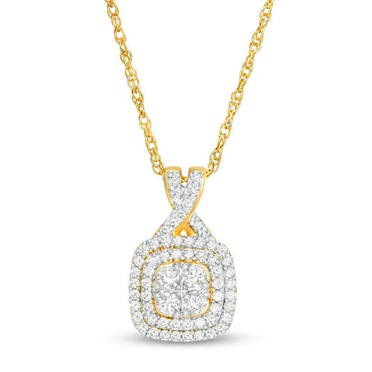 0.38 CT. T.W. Quad Natural Diamond Double Cushion Frame Pendant in 10K Yellow Gold
