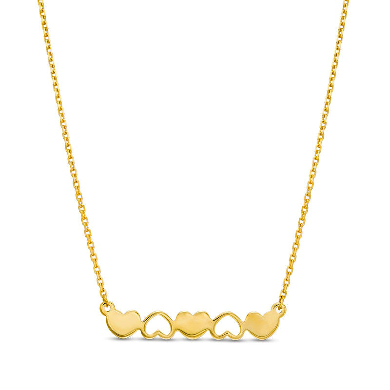 Alternating Heart Disc and Heart Outline Mirrored Pattern Necklace in 14K Gold