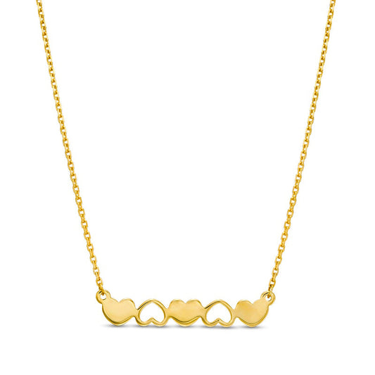 Alternating Heart Disc and Heart Outline Mirrored Pattern Necklace in 14K Gold